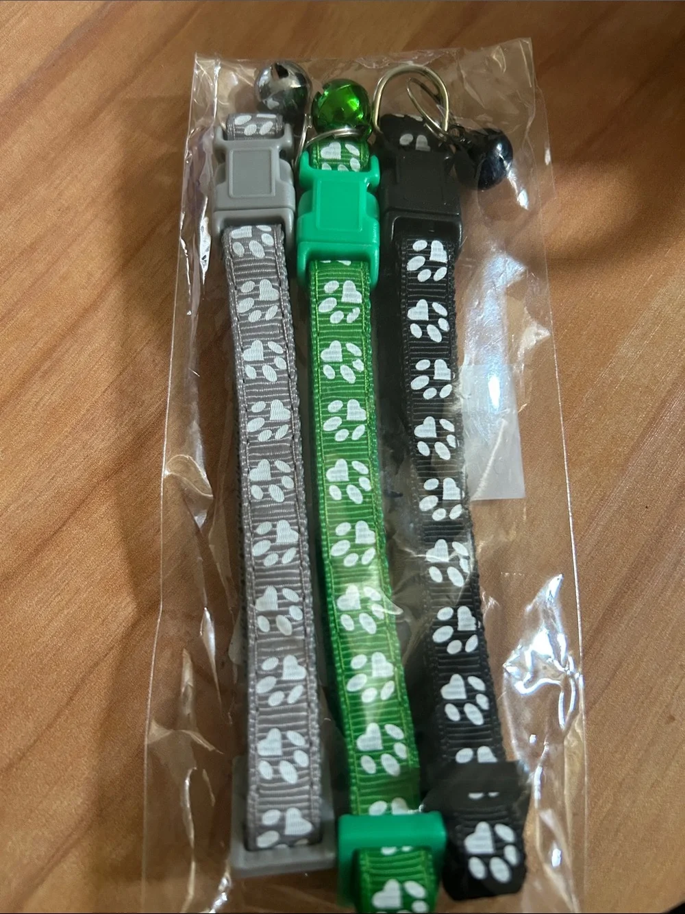 Pack of 3 Paw Print Cat Collars - Gray, Green, Black